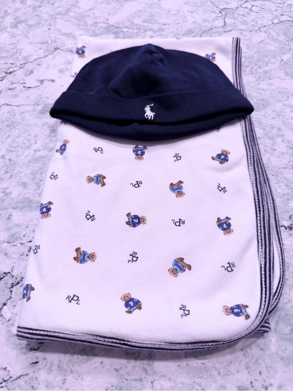Ralph Lauren White Baby Blanket with Blue Bear and hat